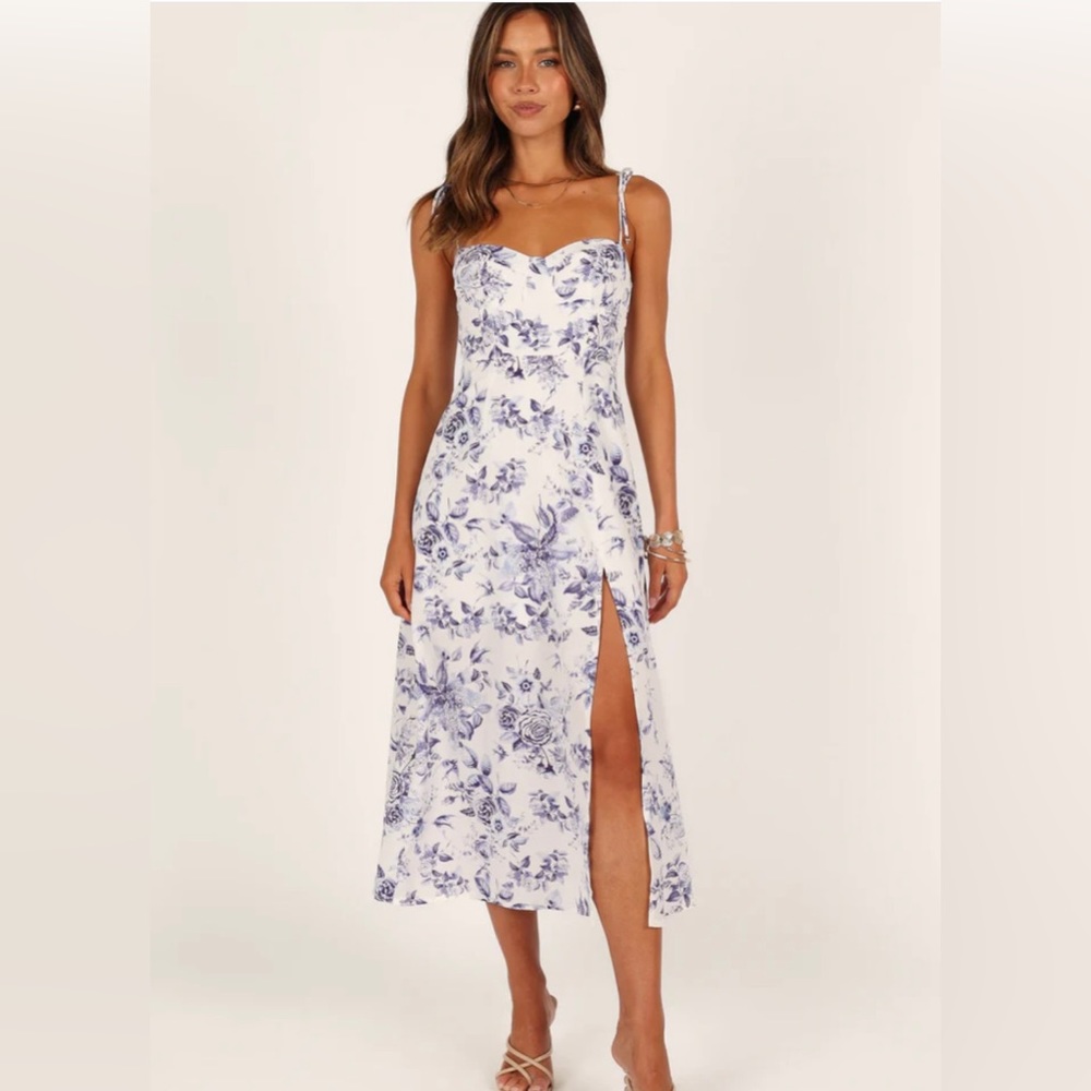 Petal & Pup White Midi Dress with Blue Floral Print